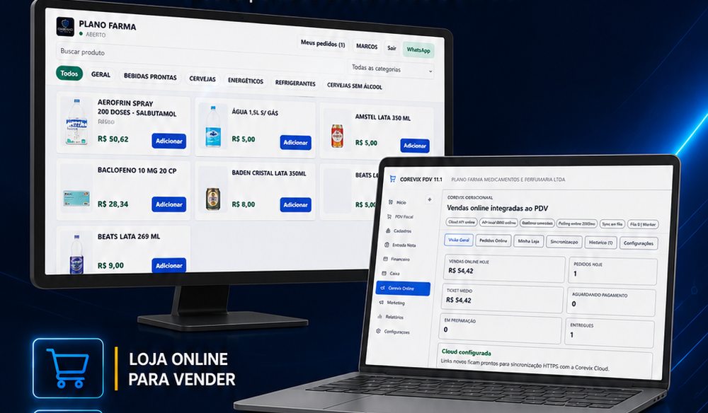 Tela do Corevix Online mostrando o catálogo da loja e o painel de vendas online integrado ao Corevix PDV