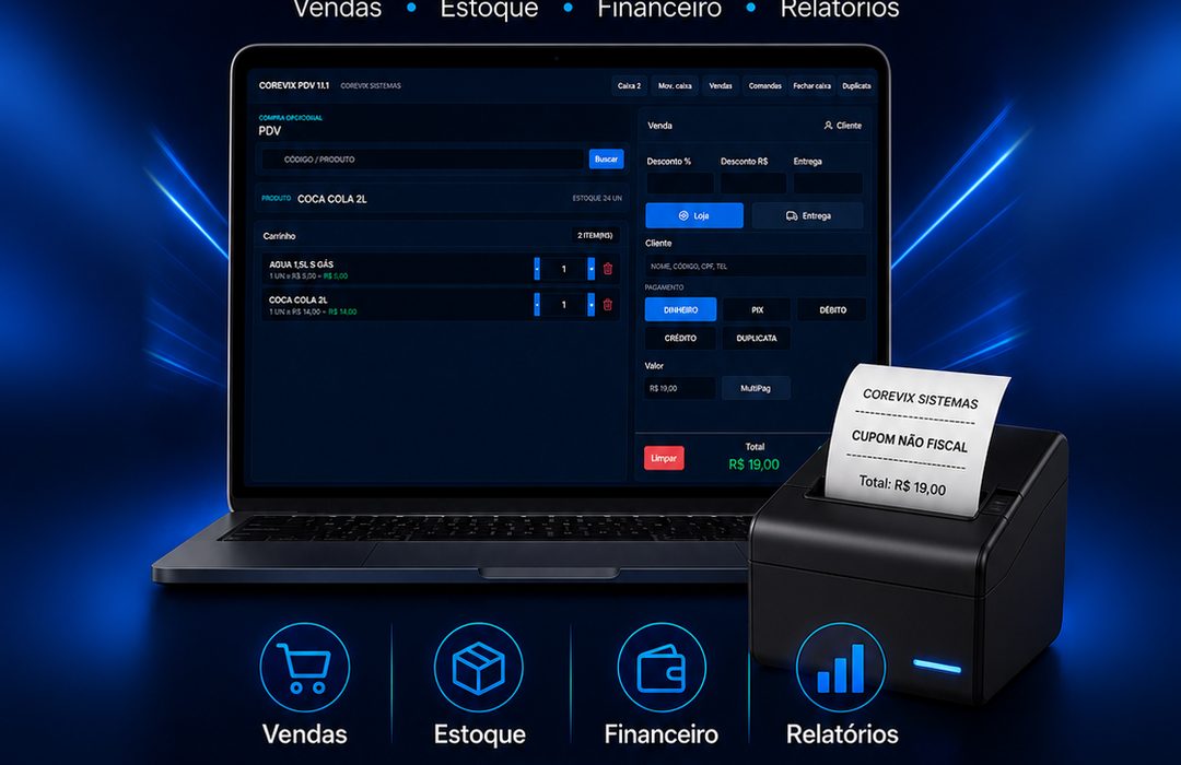 Notebook com o Corevix PDV aberto ao lado de uma impressora térmica emitindo etiquetas e cupom não fiscal de uma venda